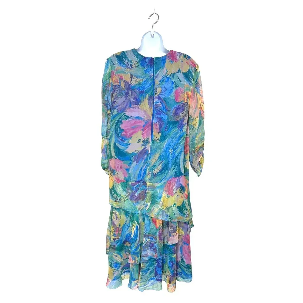 Siasia New York Abstract Tiered Midi Dress Vintage Sz 12 Multicolor Fluid 80s